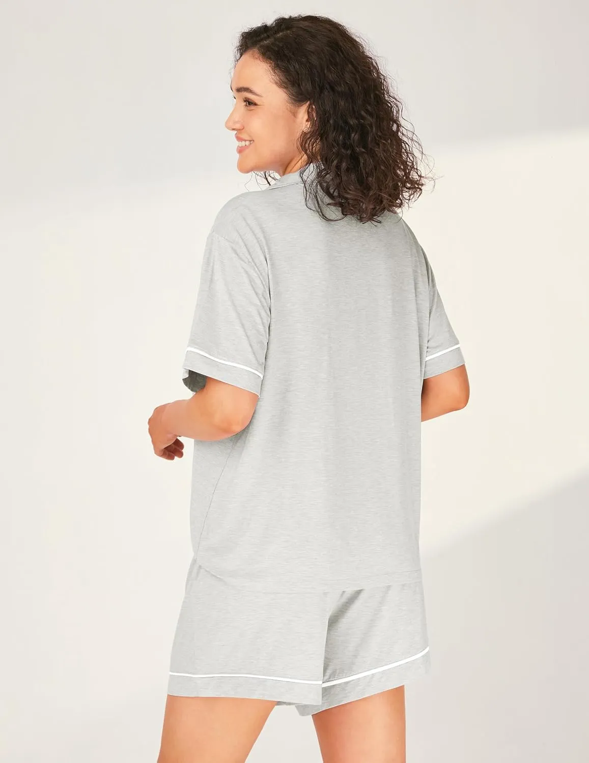 Bamboo Rayon Pajama Sets for Women, Short Sleeve Button Down Sleepwear, 2 Piece Loungewear Loose Fit Drop Shoulder