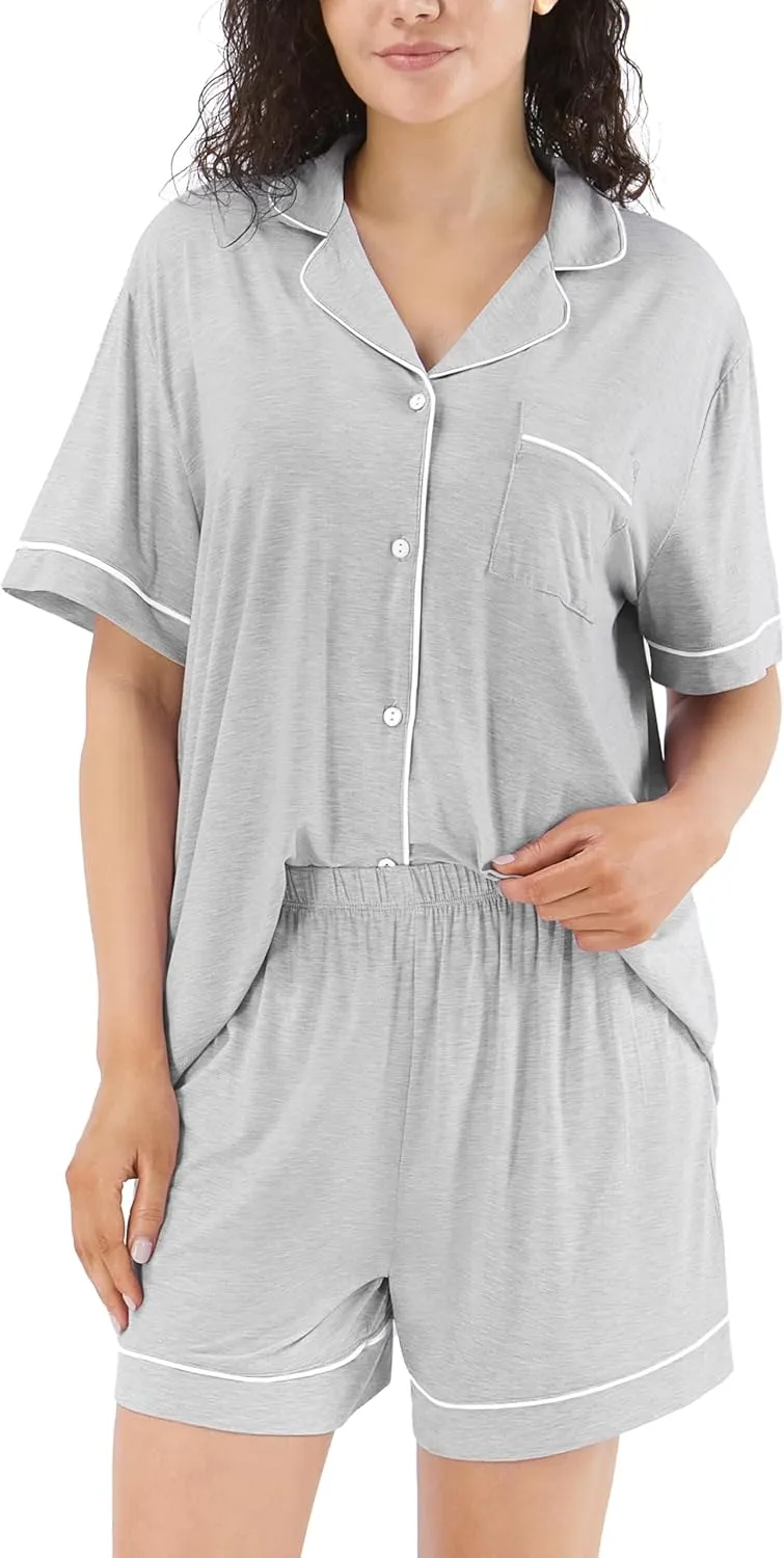 Bamboo Rayon Pajama Sets for Women, Short Sleeve Button Down Sleepwear, 2 Piece Loungewear Loose Fit Drop Shoulder
