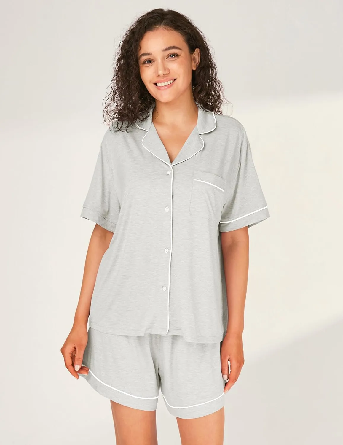 Bamboo Rayon Pajama Sets for Women, Short Sleeve Button Down Sleepwear, 2 Piece Loungewear Loose Fit Drop Shoulder