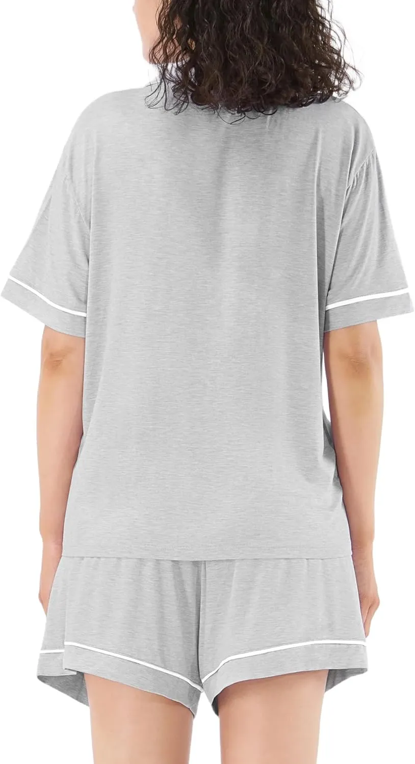 Bamboo Rayon Pajama Sets for Women, Short Sleeve Button Down Sleepwear, 2 Piece Loungewear Loose Fit Drop Shoulder