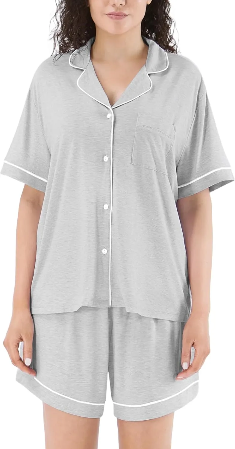 Bamboo Rayon Pajama Sets for Women, Short Sleeve Button Down Sleepwear, 2 Piece Loungewear Loose Fit Drop Shoulder