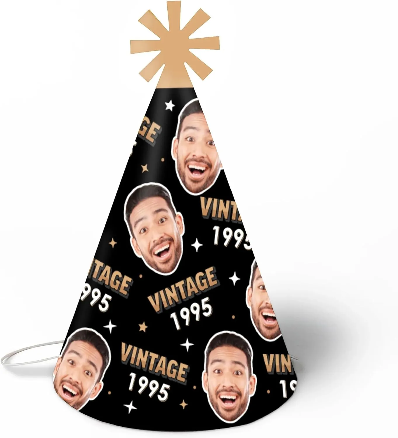 Big Dot of Happiness Custom Photo Vintage Birthday Cone Hats, Fun Face Cutout and Personalized Birth Year, Black & Gold Party Hats - Set of 8