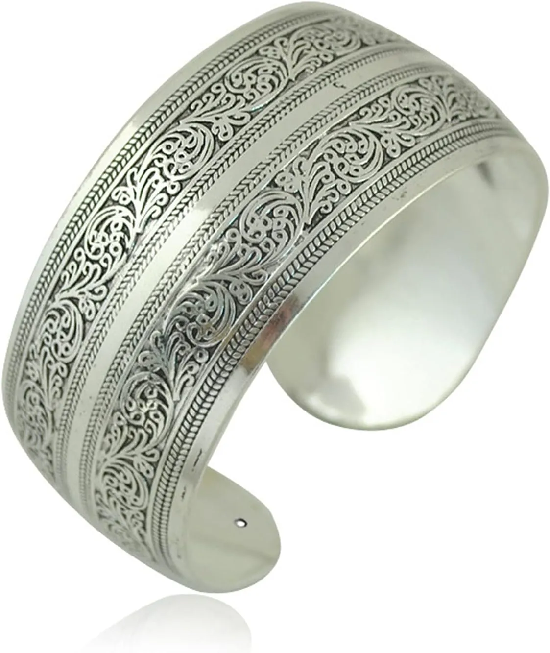 BODYA Tibeten Silver Carved Spiral Flower Connecting Branches Pattern Wide Band Open Cuff Bracelet Bangle for Adult