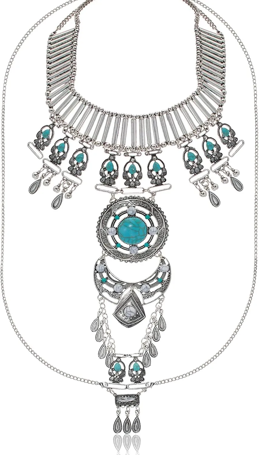 Boho Statement Turquoise Body Chain Necklace for Women, Gold Crossover Bikini Bra Body Jewelry Summer Beach Belly Waist Chain For Girls