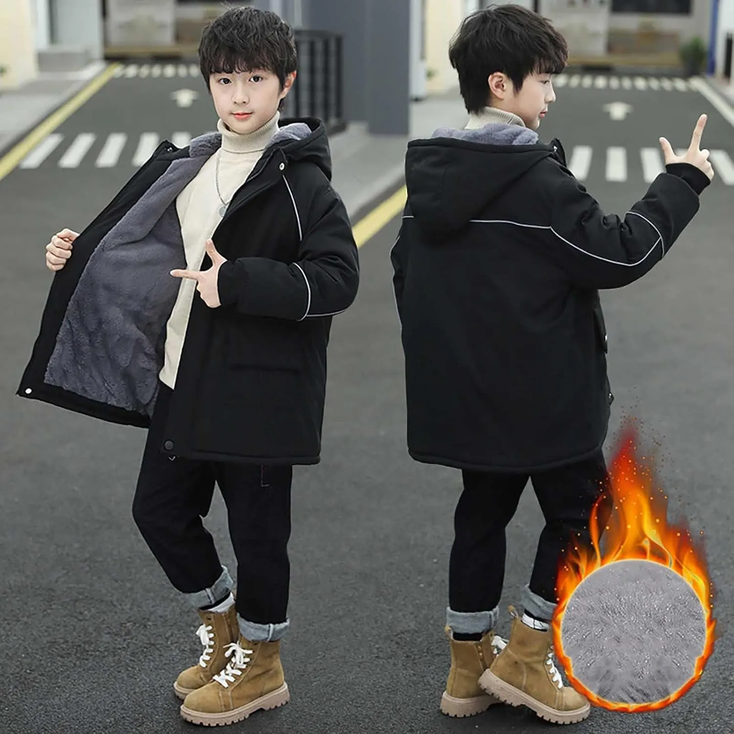 Boys Warm Winter Coat Long Parka Fleece Lined Windbreaker Puffer Jacket Outerwear with Hood Pockets 5-15 Years
