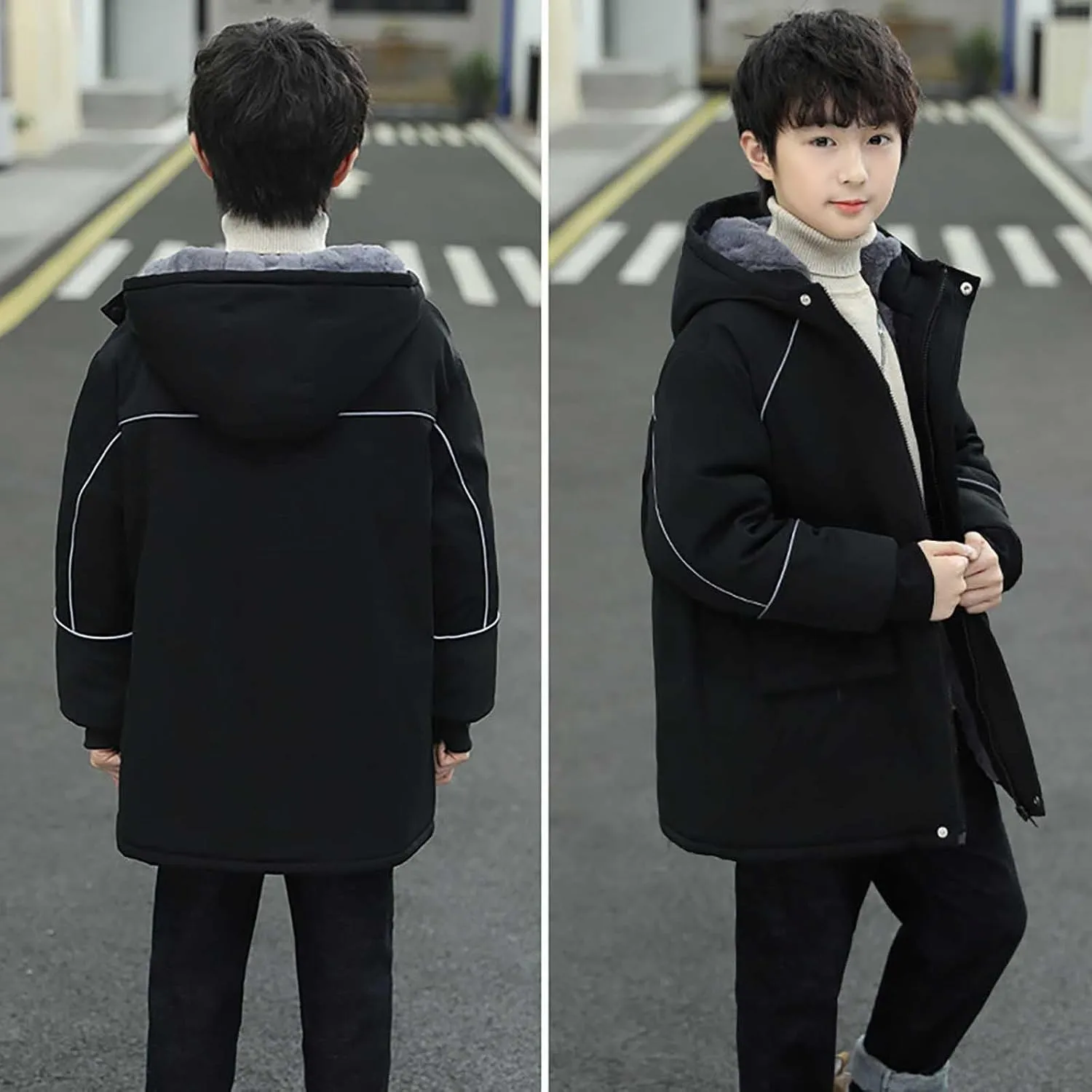Boys Warm Winter Coat Long Parka Fleece Lined Windbreaker Puffer Jacket Outerwear with Hood Pockets 5-15 Years
