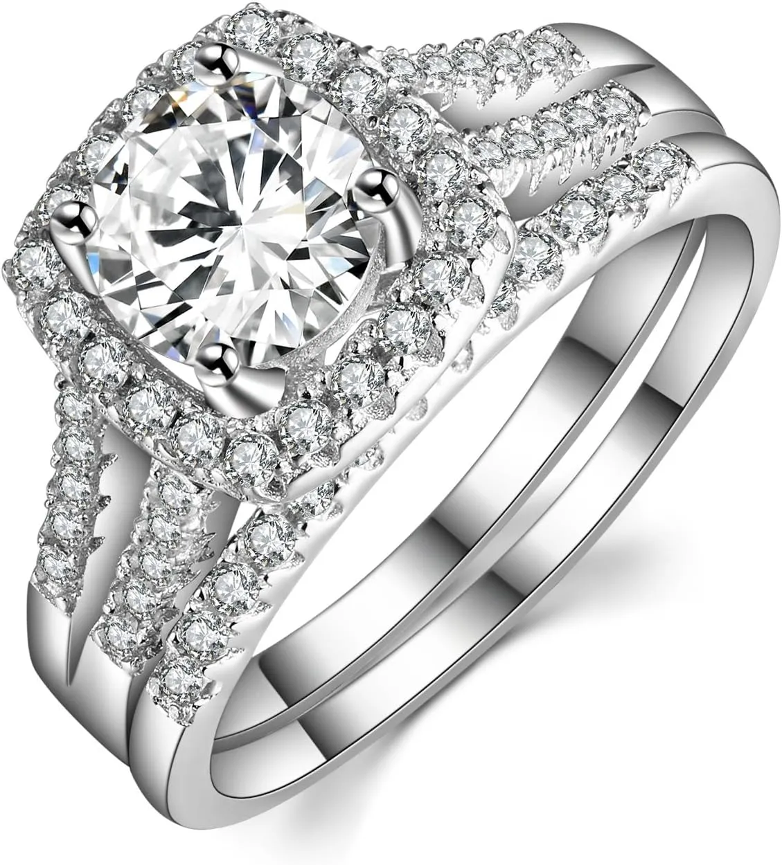 Caperci 2 Carat Round Halo Cubic Zirconia 925 Solid Sterling Silver Wedding Band Engagement Ring Sets