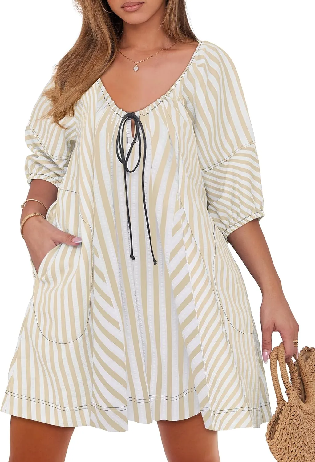 Caracilia Rompers for Women Summer Casual Oversized Striped 3/4 Puff Sleeve Romper Dress One Piece Jumpsuits 2025 Outfits