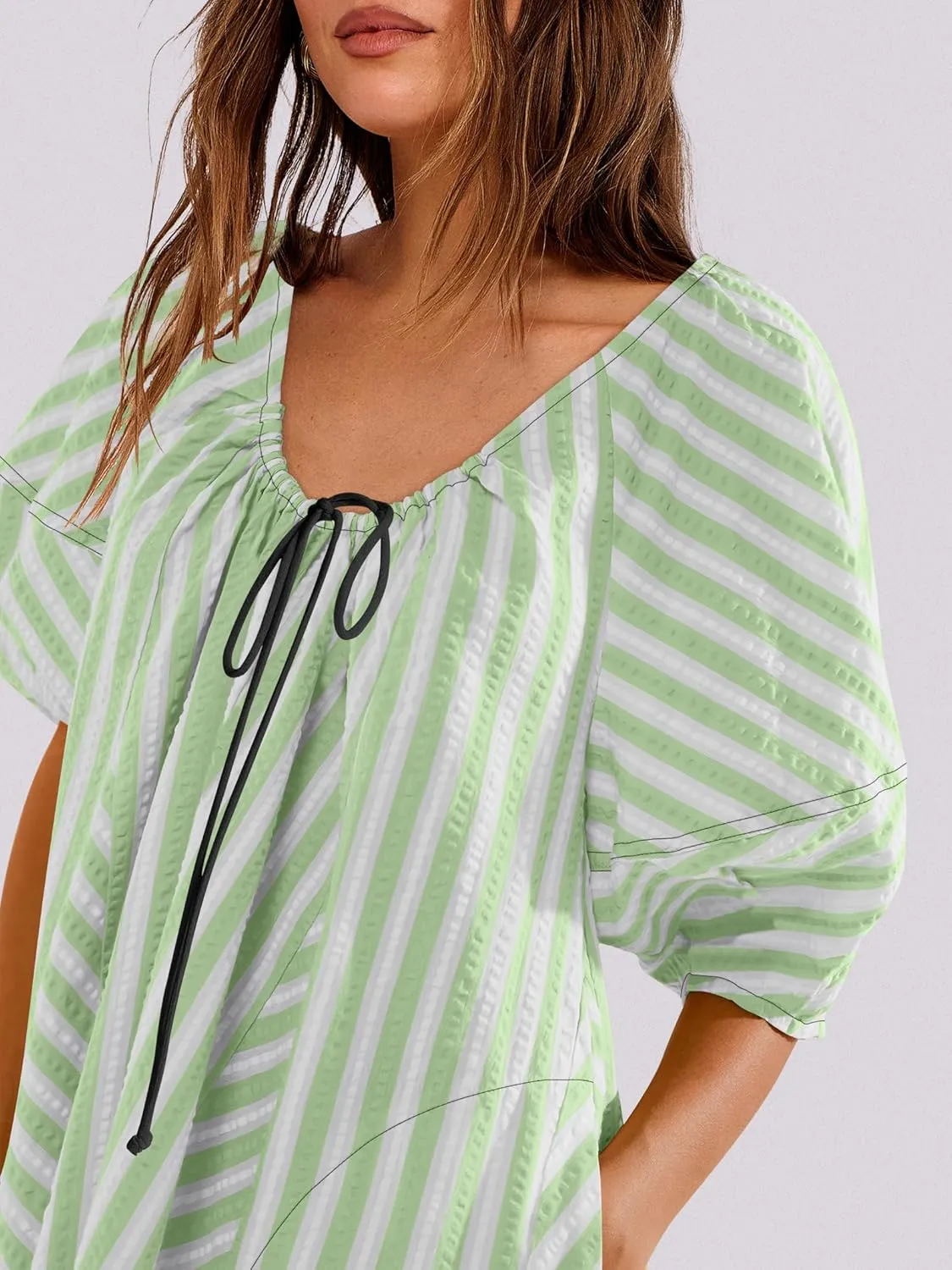 Caracilia Rompers for Women Summer Casual Oversized Striped 3/4 Puff Sleeve Romper Dress One Piece Jumpsuits 2025 Outfits