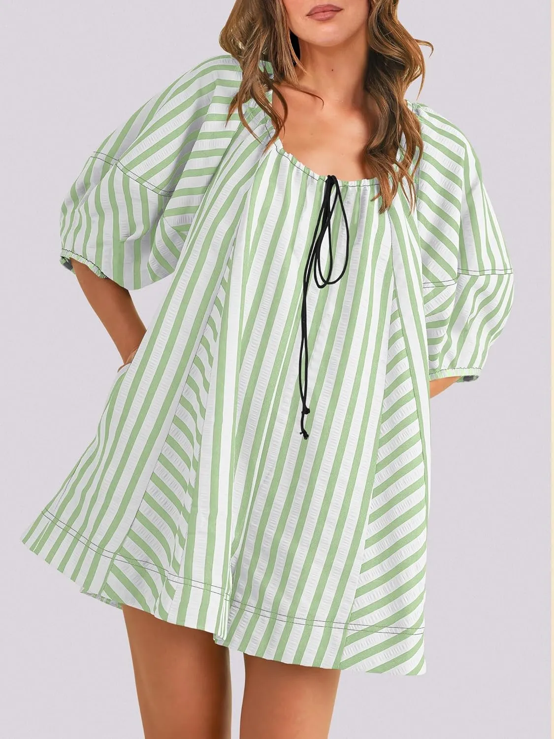 Caracilia Rompers for Women Summer Casual Oversized Striped 3/4 Puff Sleeve Romper Dress One Piece Jumpsuits 2025 Outfits