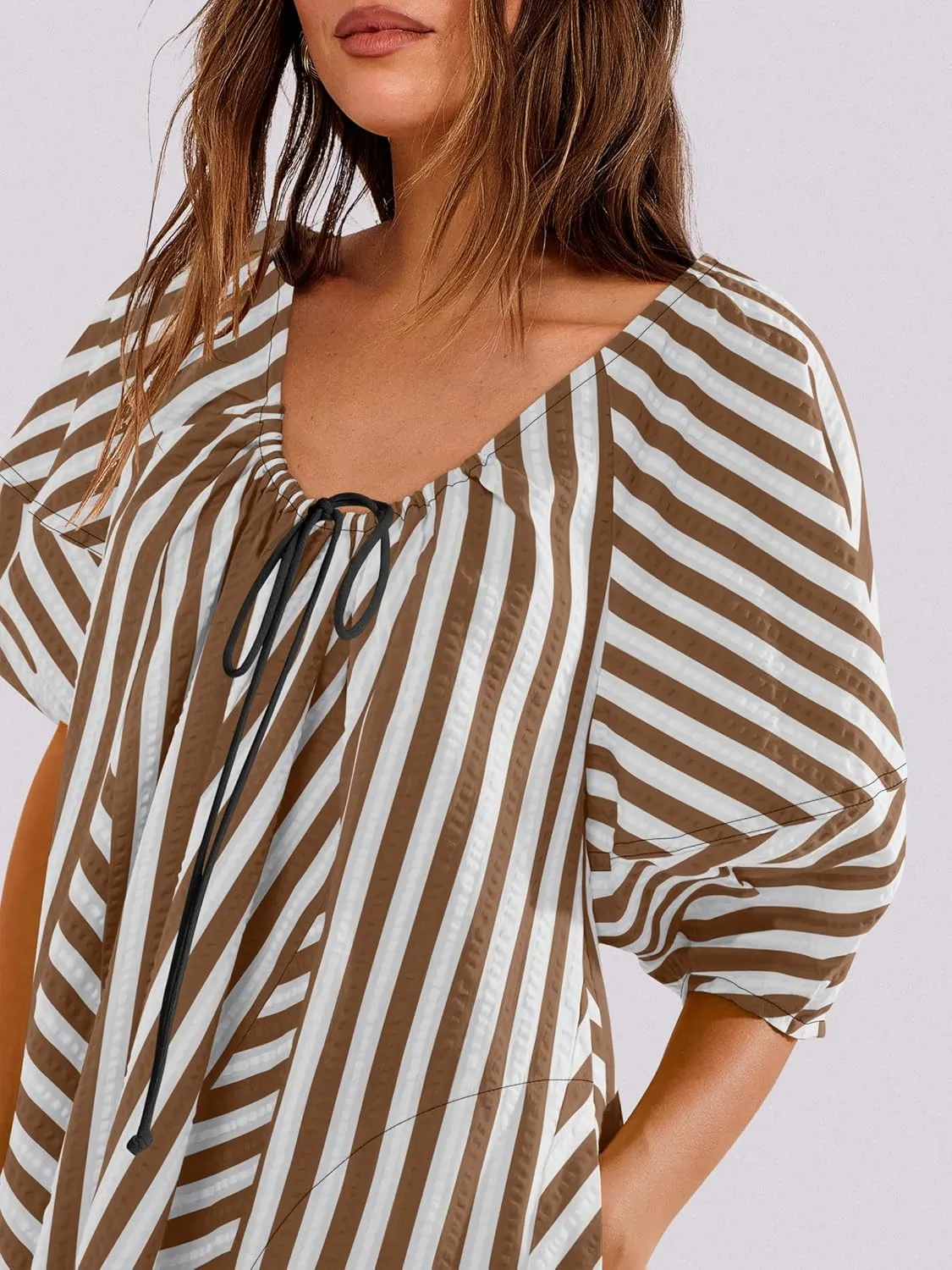 Caracilia Rompers for Women Summer Casual Oversized Striped 3/4 Puff Sleeve Romper Dress One Piece Jumpsuits 2025 Outfits