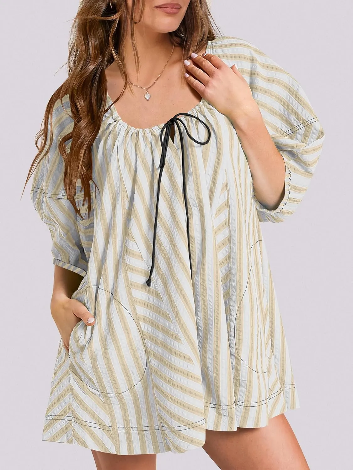 Caracilia Rompers for Women Summer Casual Oversized Striped 3/4 Puff Sleeve Romper Dress One Piece Jumpsuits 2025 Outfits