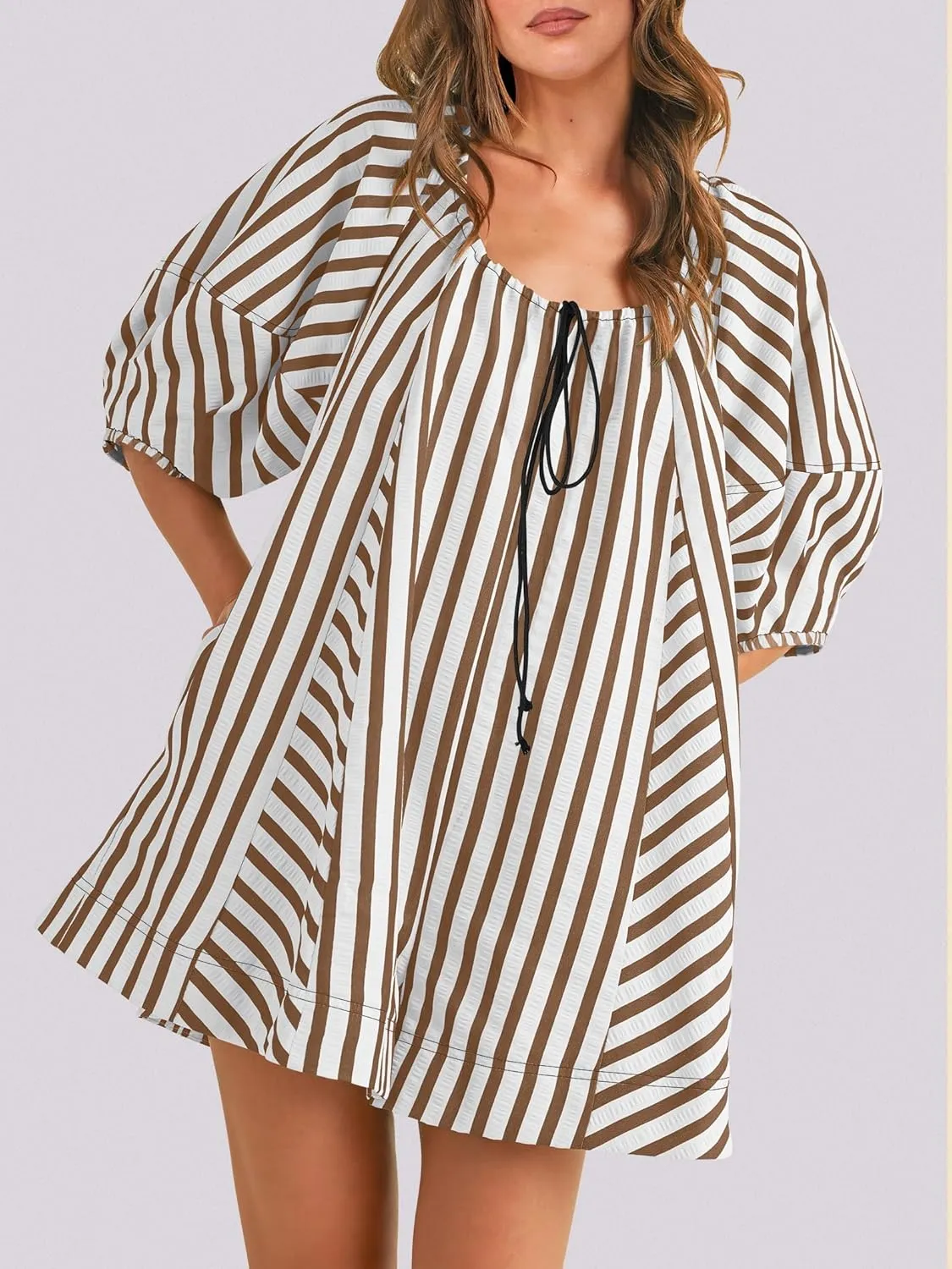 Caracilia Rompers for Women Summer Casual Oversized Striped 3/4 Puff Sleeve Romper Dress One Piece Jumpsuits 2025 Outfits