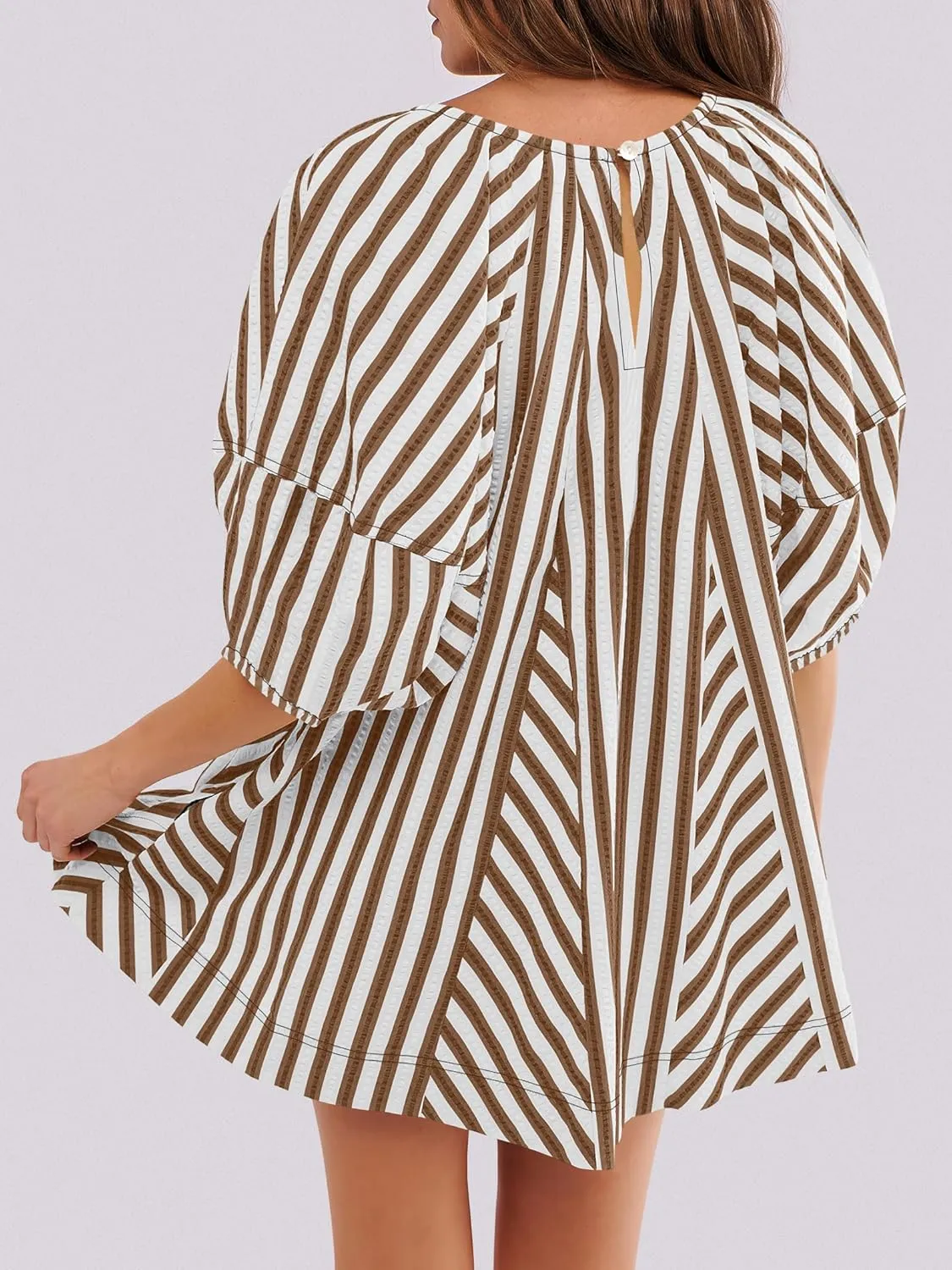 Caracilia Rompers for Women Summer Casual Oversized Striped 3/4 Puff Sleeve Romper Dress One Piece Jumpsuits 2025 Outfits