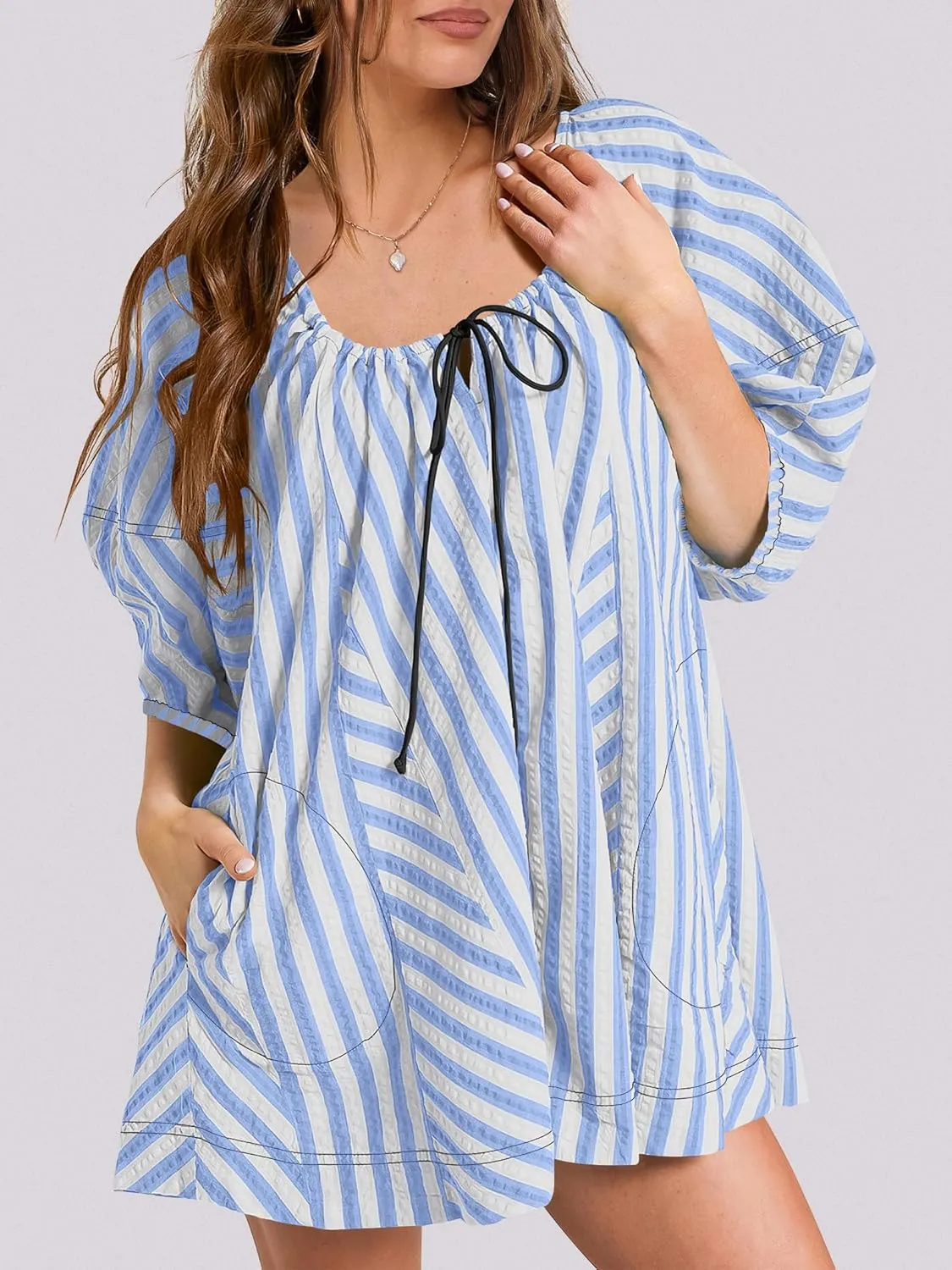 Caracilia Rompers for Women Summer Casual Oversized Striped 3/4 Puff Sleeve Romper Dress One Piece Jumpsuits 2025 Outfits
