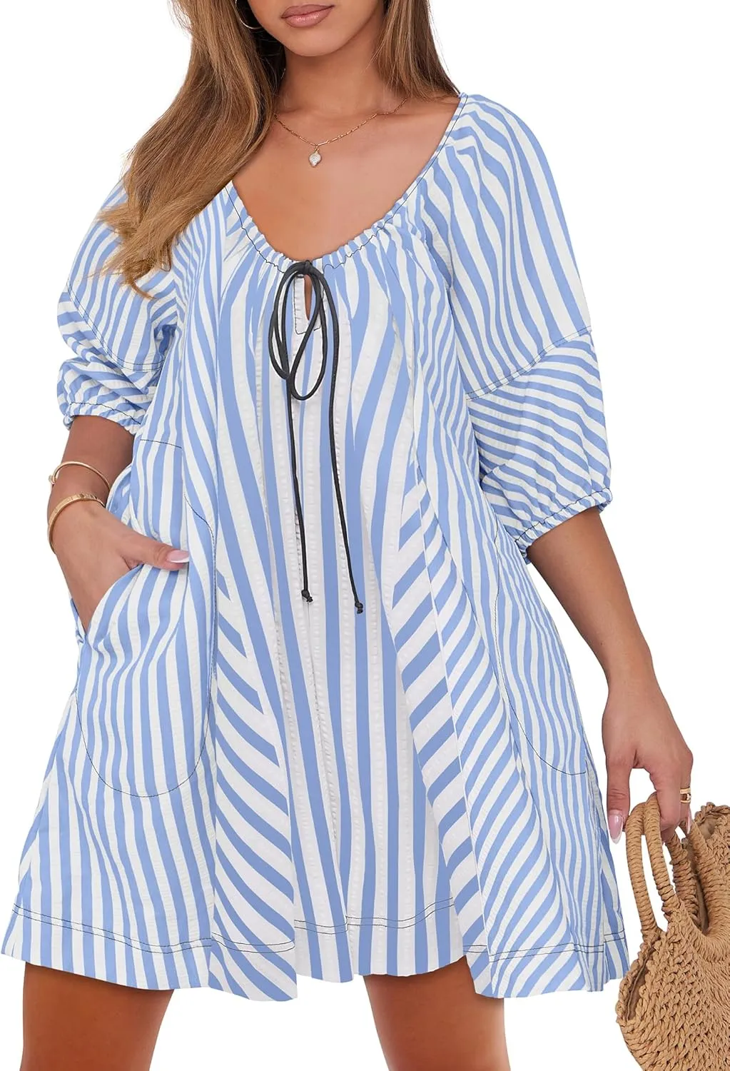 Caracilia Rompers for Women Summer Casual Oversized Striped 3/4 Puff Sleeve Romper Dress One Piece Jumpsuits 2025 Outfits