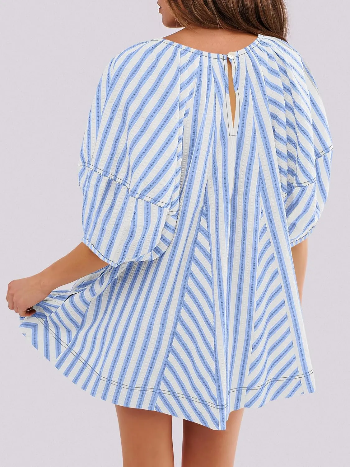 Caracilia Rompers for Women Summer Casual Oversized Striped 3/4 Puff Sleeve Romper Dress One Piece Jumpsuits 2025 Outfits