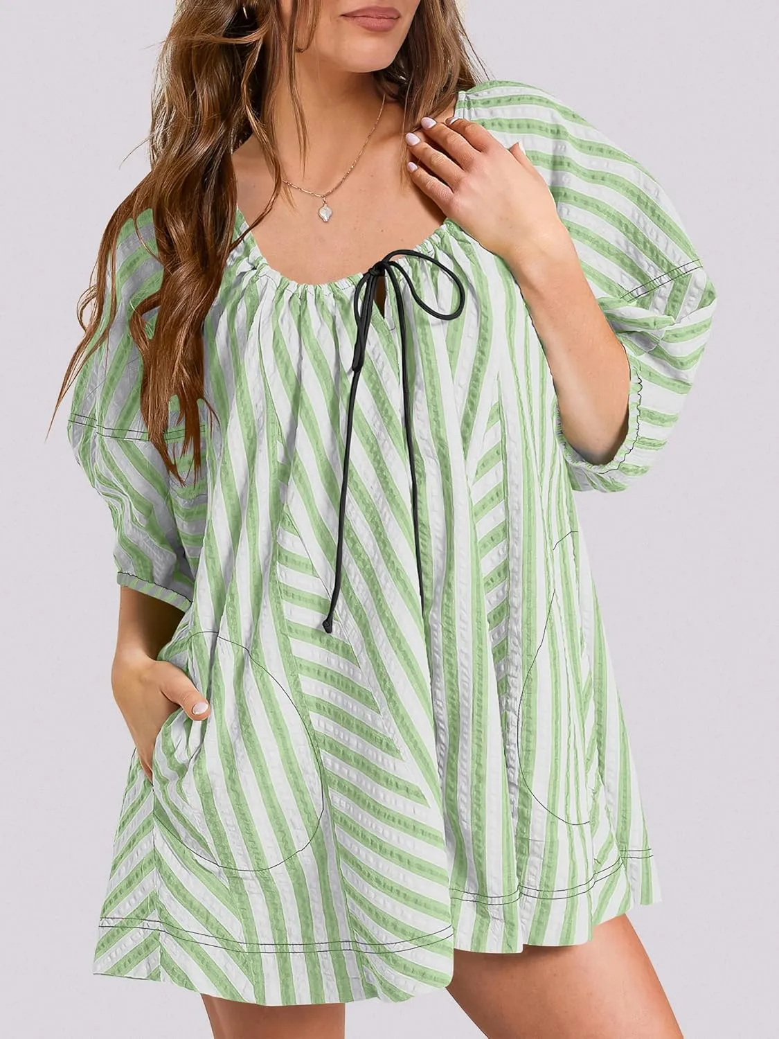 Caracilia Rompers for Women Summer Casual Oversized Striped 3/4 Puff Sleeve Romper Dress One Piece Jumpsuits 2025 Outfits