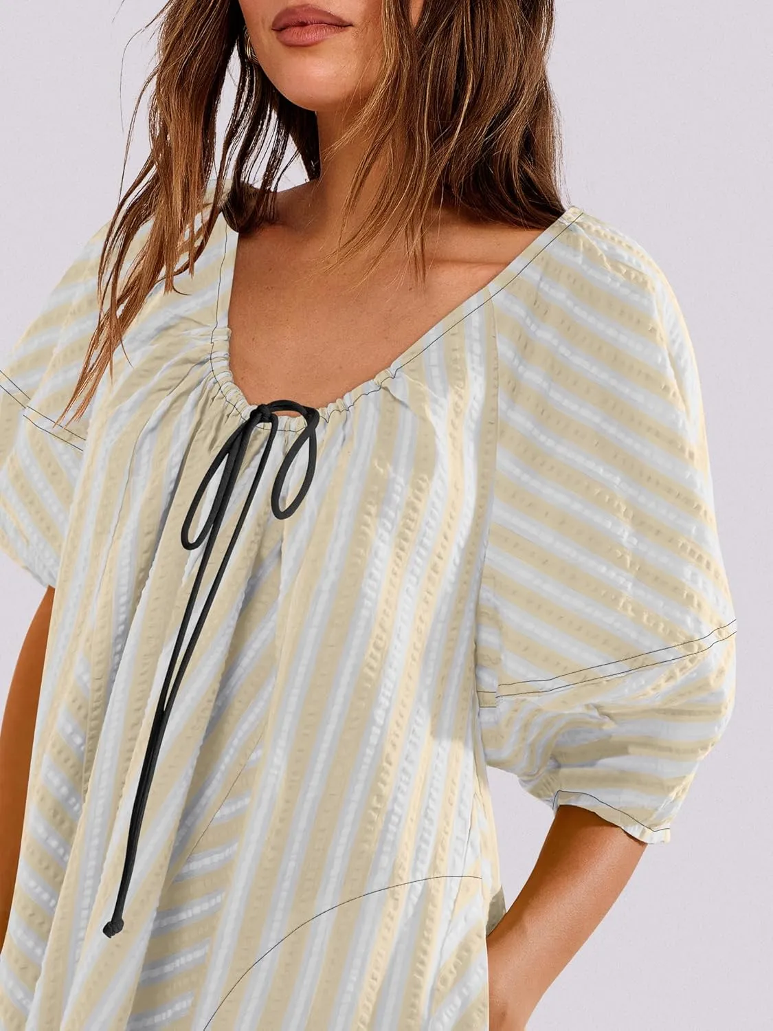 Caracilia Rompers for Women Summer Casual Oversized Striped 3/4 Puff Sleeve Romper Dress One Piece Jumpsuits 2025 Outfits