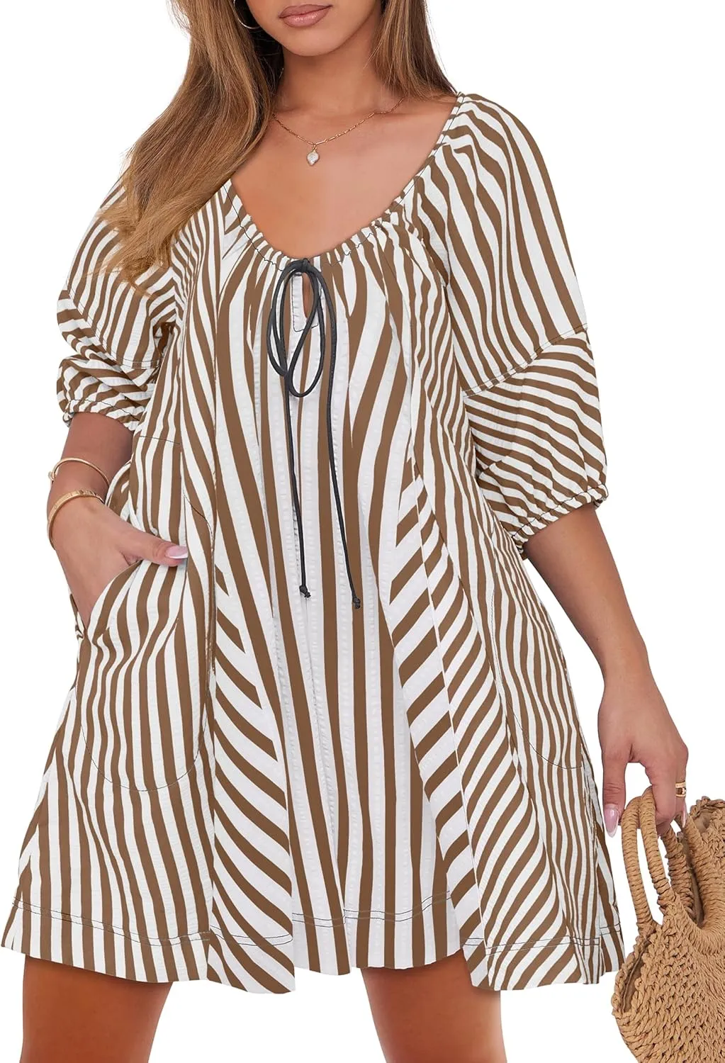 Caracilia Rompers for Women Summer Casual Oversized Striped 3/4 Puff Sleeve Romper Dress One Piece Jumpsuits 2025 Outfits