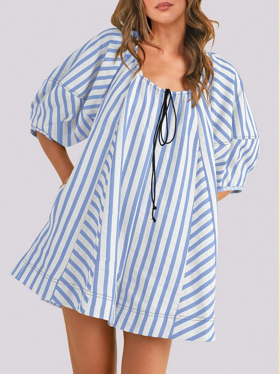 Caracilia Rompers for Women Summer Casual Oversized Striped 3/4 Puff Sleeve Romper Dress One Piece Jumpsuits 2025 Outfits