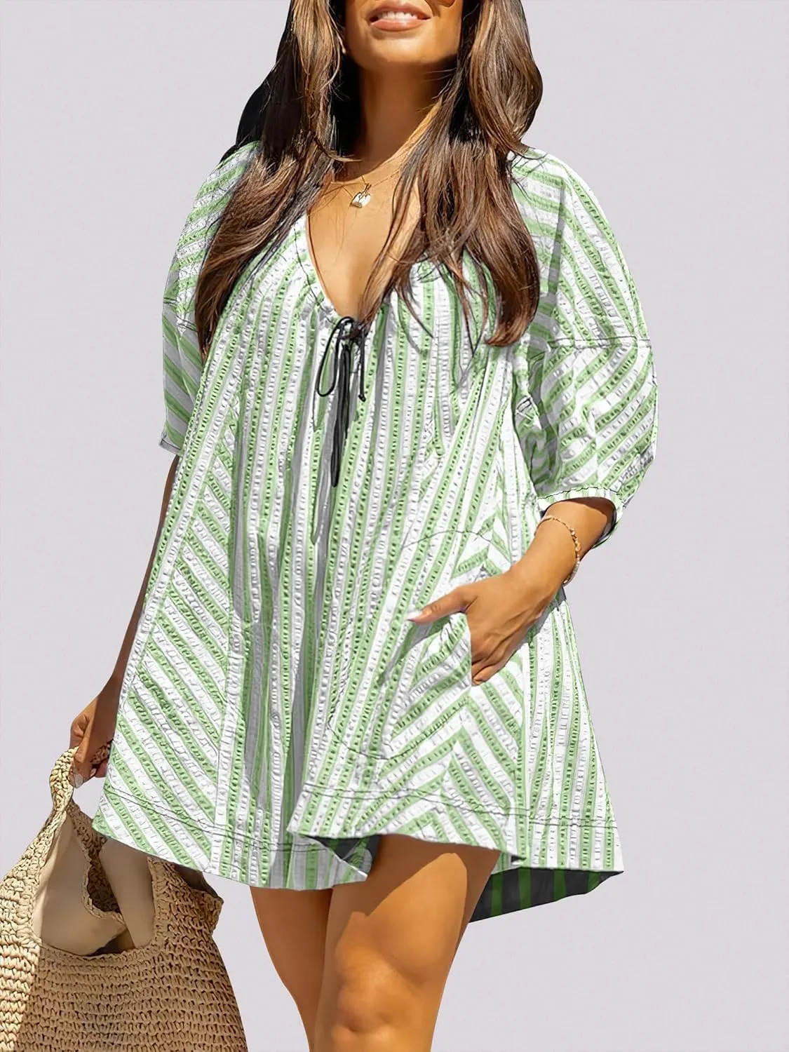 Caracilia Rompers for Women Summer Casual Oversized Striped 3/4 Puff Sleeve Romper Dress One Piece Jumpsuits 2025 Outfits