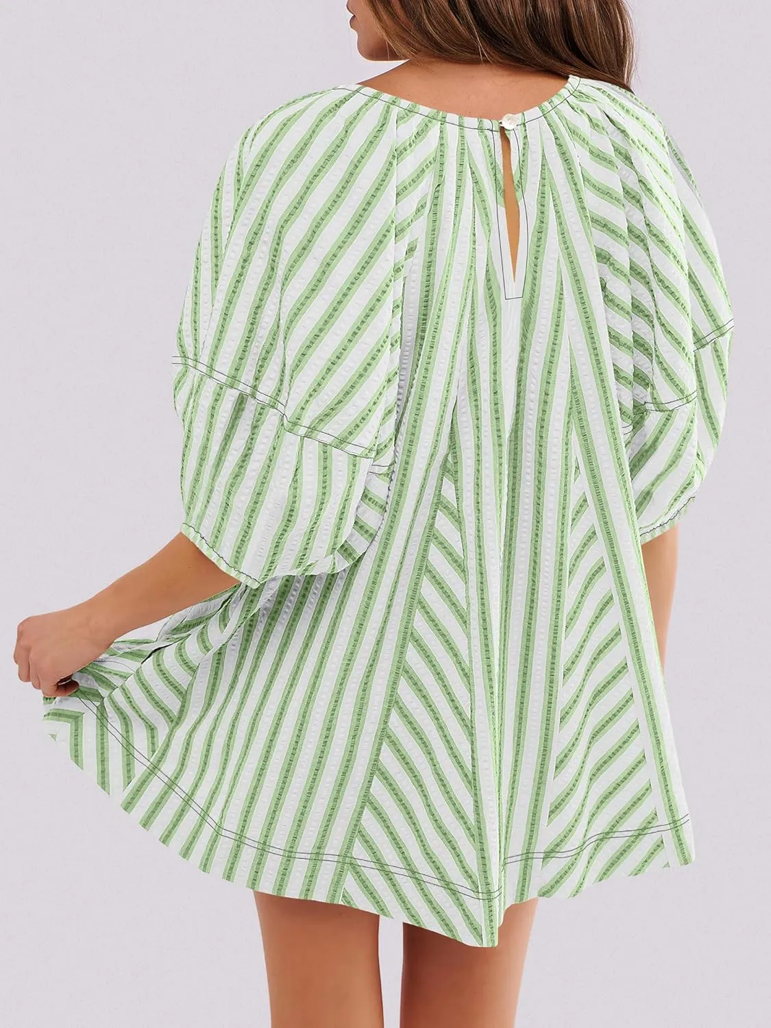 Caracilia Rompers for Women Summer Casual Oversized Striped 3/4 Puff Sleeve Romper Dress One Piece Jumpsuits 2025 Outfits