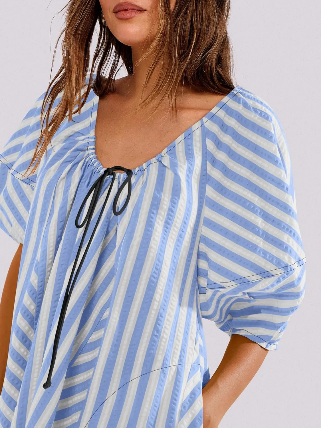 Caracilia Rompers for Women Summer Casual Oversized Striped 3/4 Puff Sleeve Romper Dress One Piece Jumpsuits 2025 Outfits