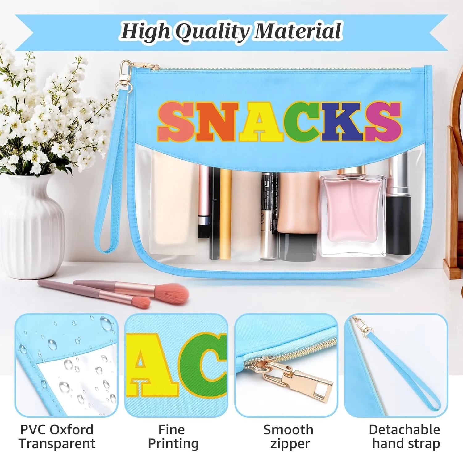 Chenille Letter Makeup Bag with Zipper Preppy Snacks Accessories for Girls Transparent PVC Cosmetic Travel Bag Organizer Portable Travel Pouches Makeup Toiletry Bag Organizer Storage Pouch