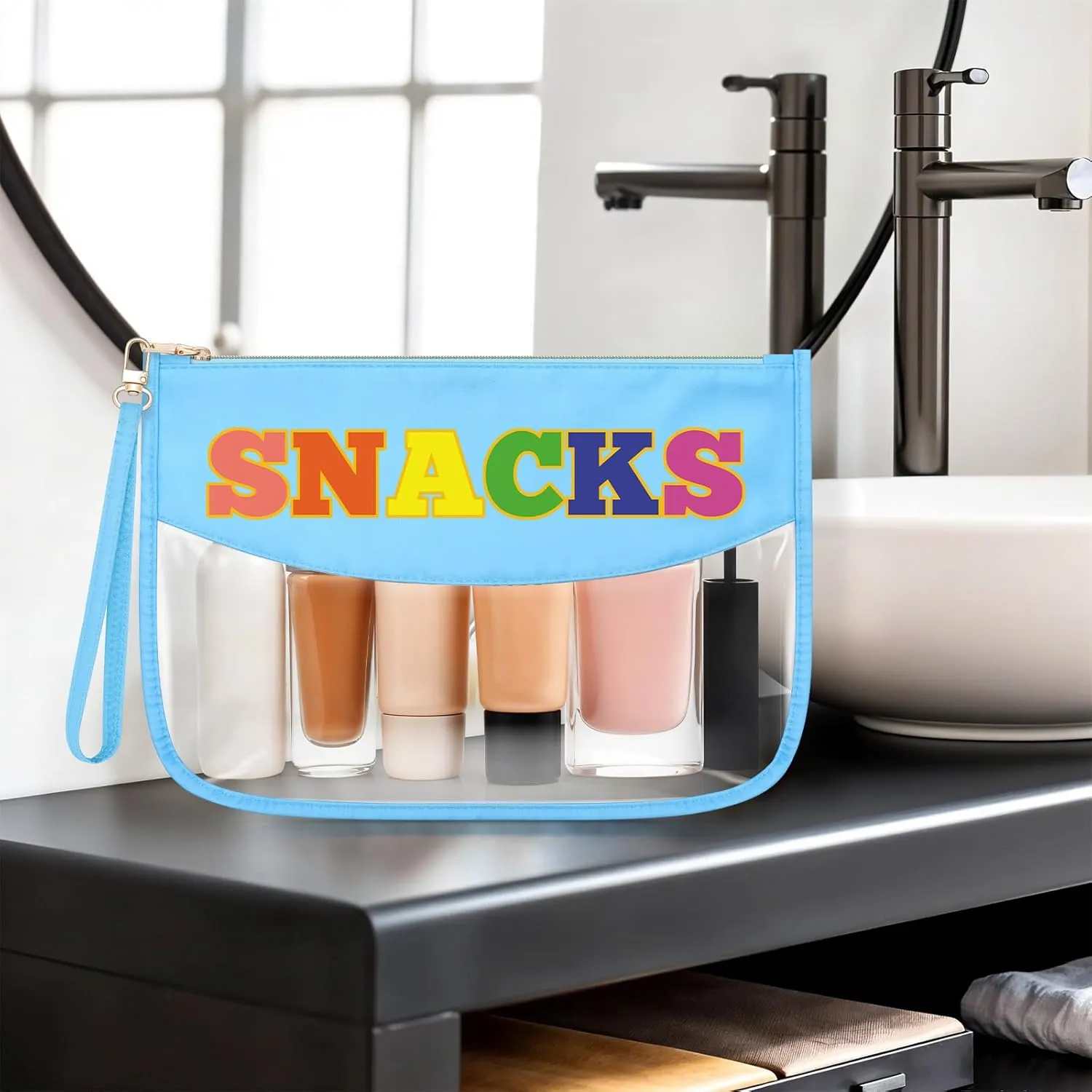 Chenille Letter Makeup Bag with Zipper Preppy Snacks Accessories for Girls Transparent PVC Cosmetic Travel Bag Organizer Portable Travel Pouches Makeup Toiletry Bag Organizer Storage Pouch