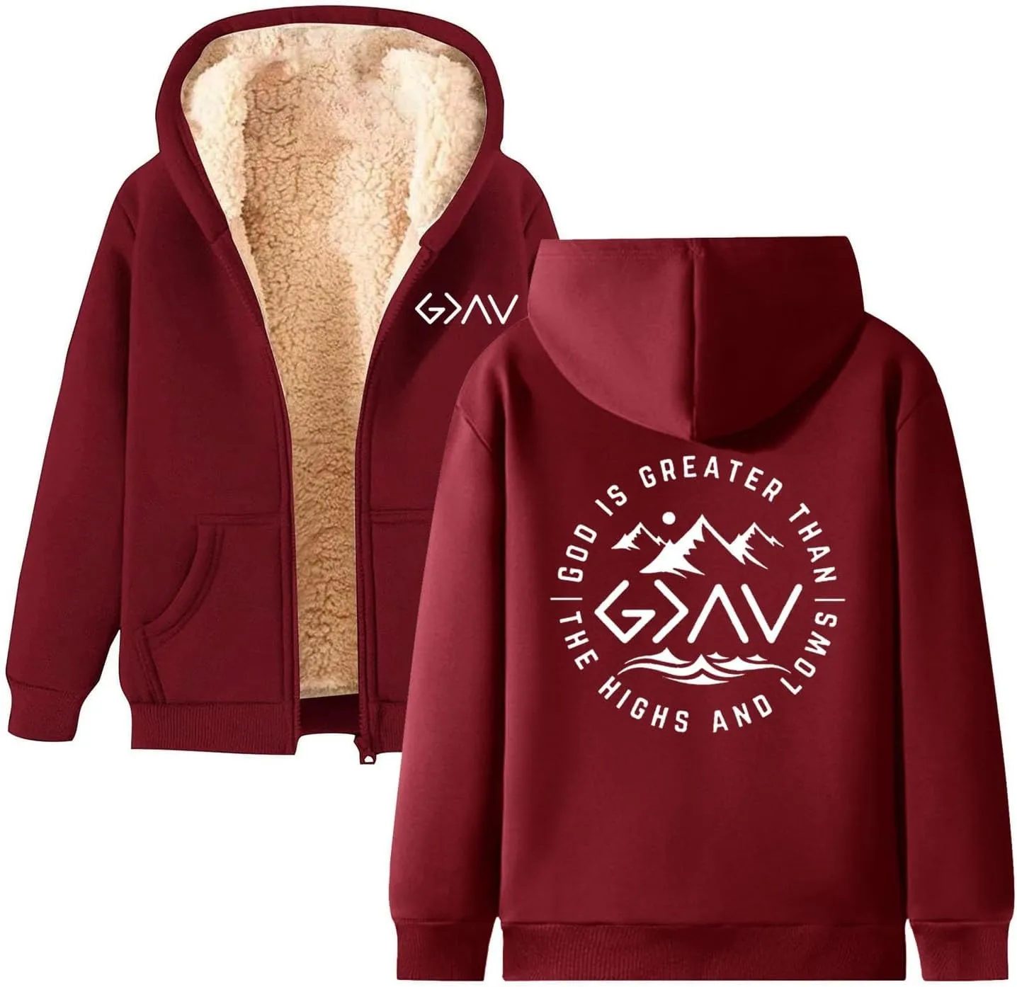 Christian Hoodies for Women God is Greater Than The Highs and Lows Graphic Hoodies for Women Fleece Lined Zip Up Hoodie Winter Warm Long Sleeve Sweatshirts Coats Outwear
