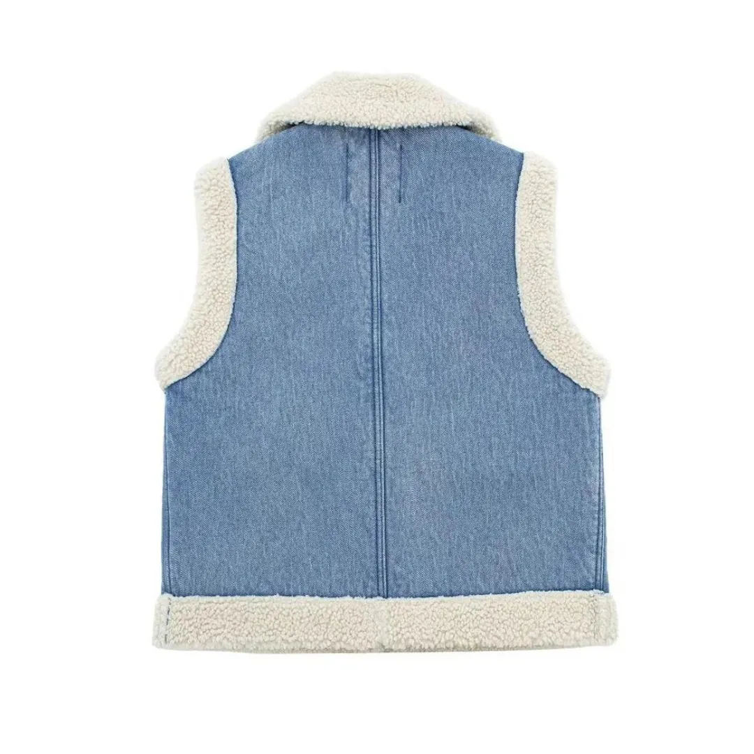 Dames Denim Shearling Jas - Vintage Stijl met Luxe Details