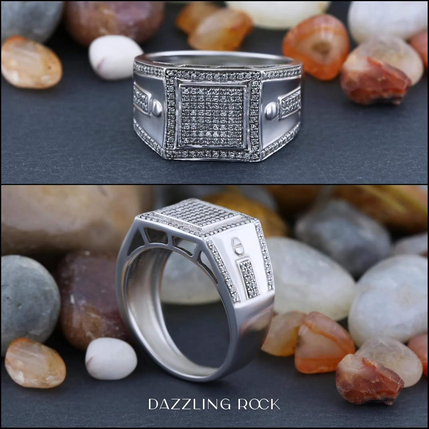 Dazzlingrock Collection 0.51 Carat Round White Diamond Square Frame Signet Style Inspired Wedding Ring for Men in 925 Sterling Silver