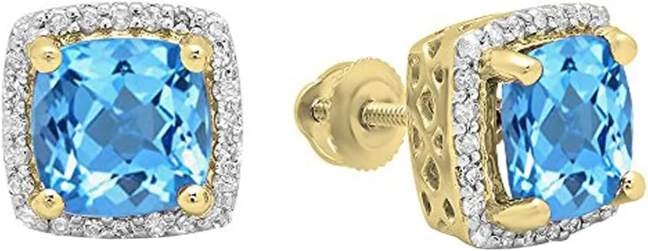 Dazzlingrock Collection 18K 7mm Each Cushion Gemstone & Round Diamond Womens Square Frame Halo Stud Earrings, Solid Yellow Gold