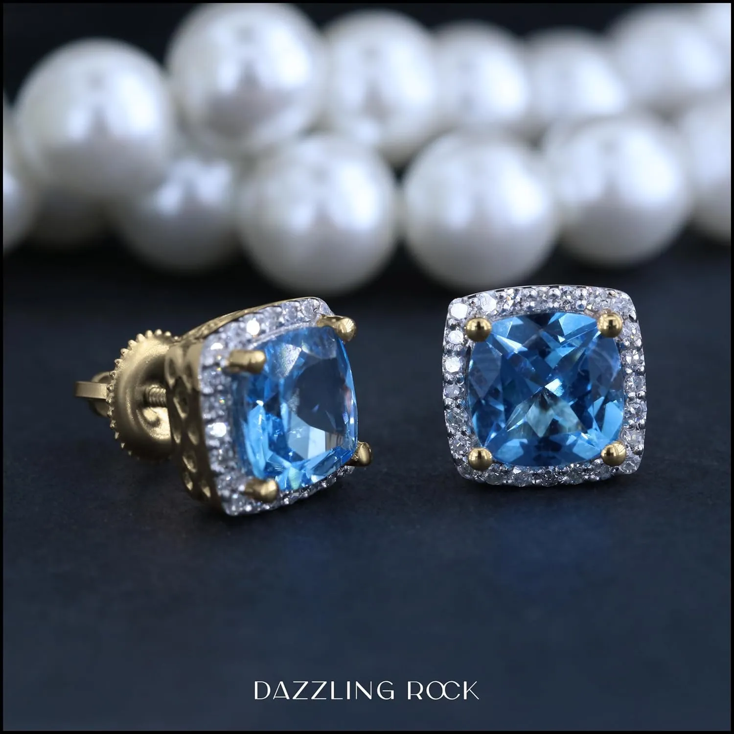 Dazzlingrock Collection 18K 7mm Each Cushion Gemstone & Round Diamond Womens Square Frame Halo Stud Earrings, Solid Yellow Gold