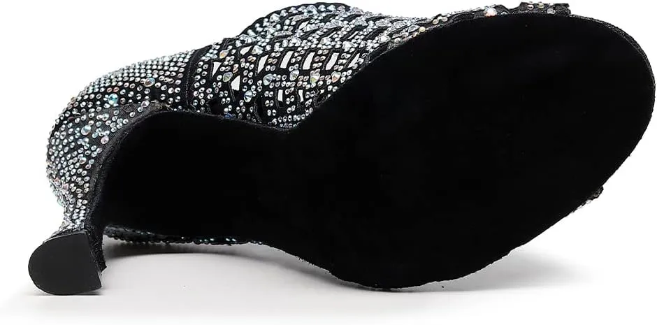 DKZSYIM Women's Open Toe Dance Boots Rhinestone Salsa Ballroom Lace-up Ankle Dance Shoes,Model QJW9001