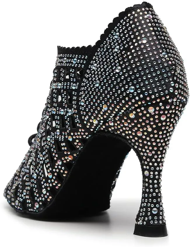 DKZSYIM Women's Open Toe Dance Boots Rhinestone Salsa Ballroom Lace-up Ankle Dance Shoes,Model QJW9001