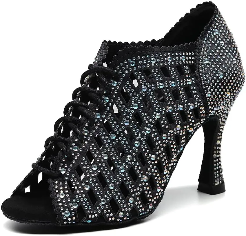 DKZSYIM Women's Open Toe Dance Boots Rhinestone Salsa Ballroom Lace-up Ankle Dance Shoes,Model QJW9001