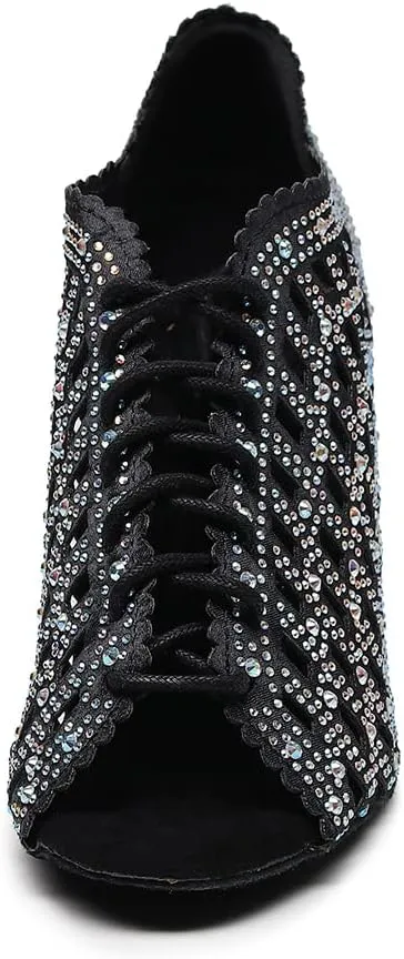 DKZSYIM Women's Open Toe Dance Boots Rhinestone Salsa Ballroom Lace-up Ankle Dance Shoes,Model QJW9001