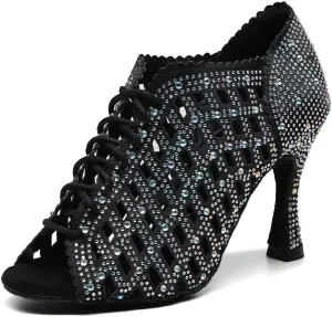 DKZSYIM Women's Open Toe Dance Boots Rhinestone Salsa Ballroom Lace-up Ankle Dance Shoes,Model QJW9001