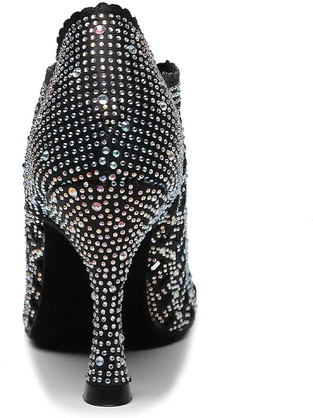 DKZSYIM Women's Open Toe Dance Boots Rhinestone Salsa Ballroom Lace-up Ankle Dance Shoes,Model QJW9001