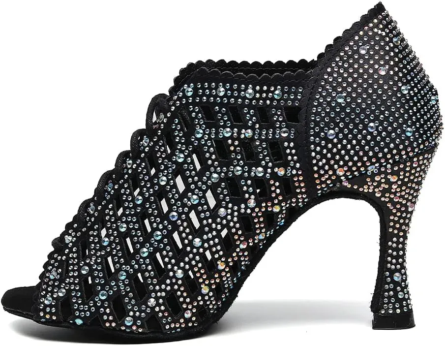 DKZSYIM Women's Open Toe Dance Boots Rhinestone Salsa Ballroom Lace-up Ankle Dance Shoes,Model QJW9001