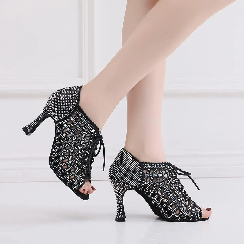 DKZSYIM Women's Open Toe Dance Boots Rhinestone Salsa Ballroom Lace-up Ankle Dance Shoes,Model QJW9001