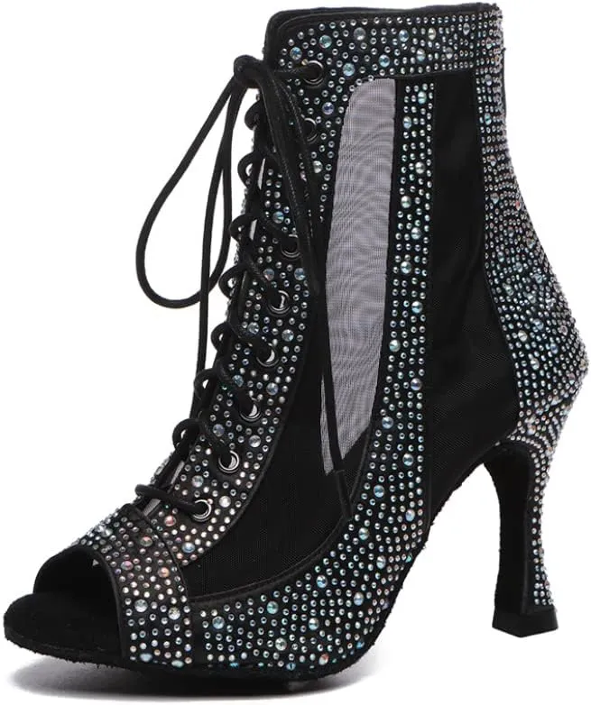 DKZSYIM Women's Open Toe Dance Boots Rhinestone Salsa Ballroom Lace-up Ankle Dance Shoes,Model YCL501