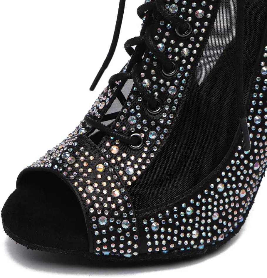 DKZSYIM Women's Open Toe Dance Boots Rhinestone Salsa Ballroom Lace-up Ankle Dance Shoes,Model YCL501