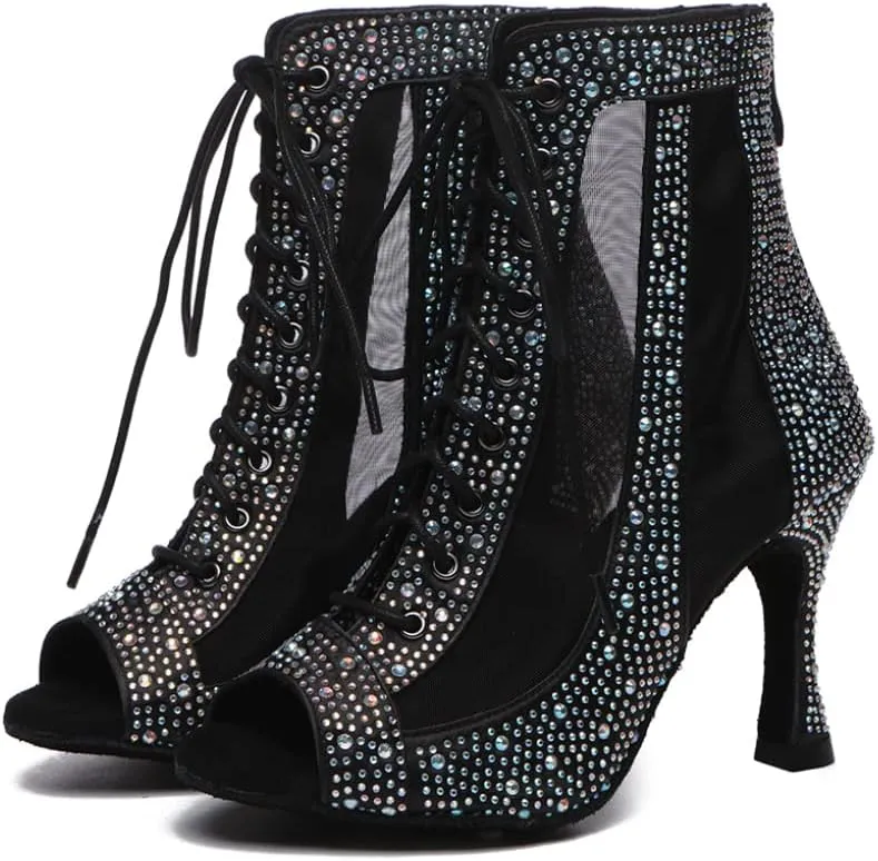 DKZSYIM Women's Open Toe Dance Boots Rhinestone Salsa Ballroom Lace-up Ankle Dance Shoes,Model YCL501