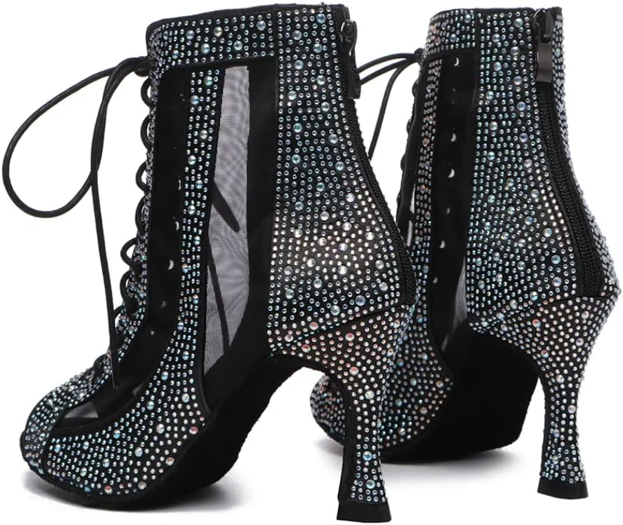 DKZSYIM Women's Open Toe Dance Boots Rhinestone Salsa Ballroom Lace-up Ankle Dance Shoes,Model YCL501