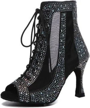 DKZSYIM Women's Open Toe Dance Boots Rhinestone Salsa Ballroom Lace-up Ankle Dance Shoes,Model YCL501
