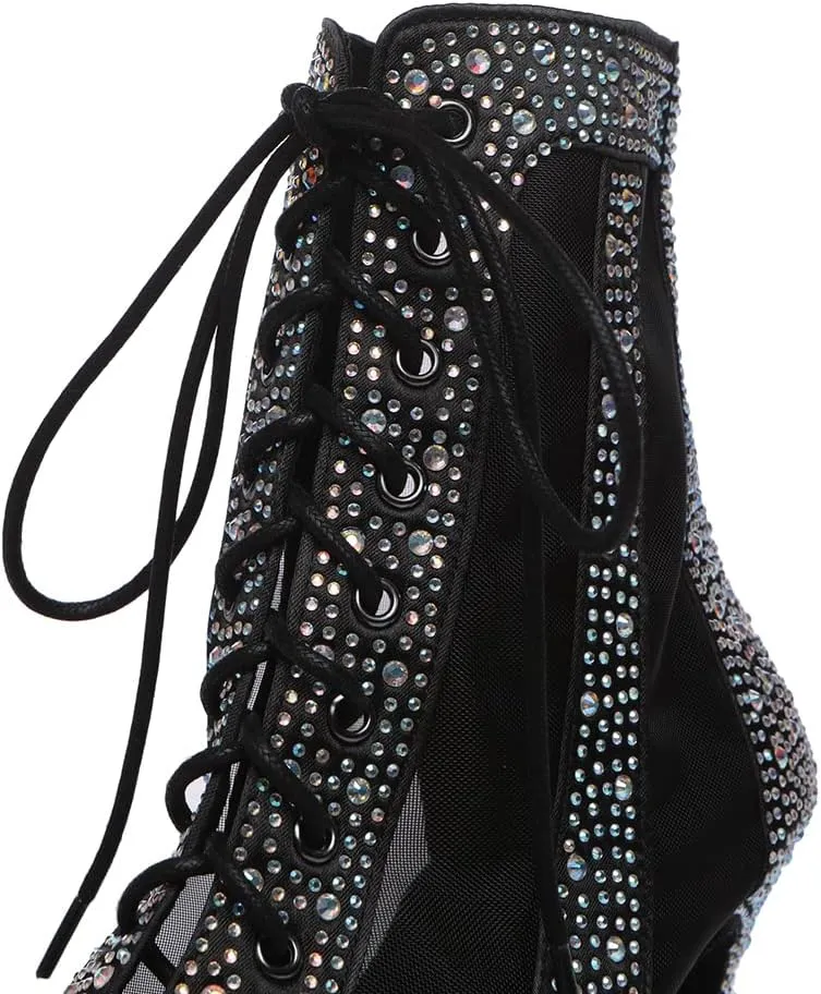 DKZSYIM Women's Open Toe Dance Boots Rhinestone Salsa Ballroom Lace-up Ankle Dance Shoes,Model YCL501