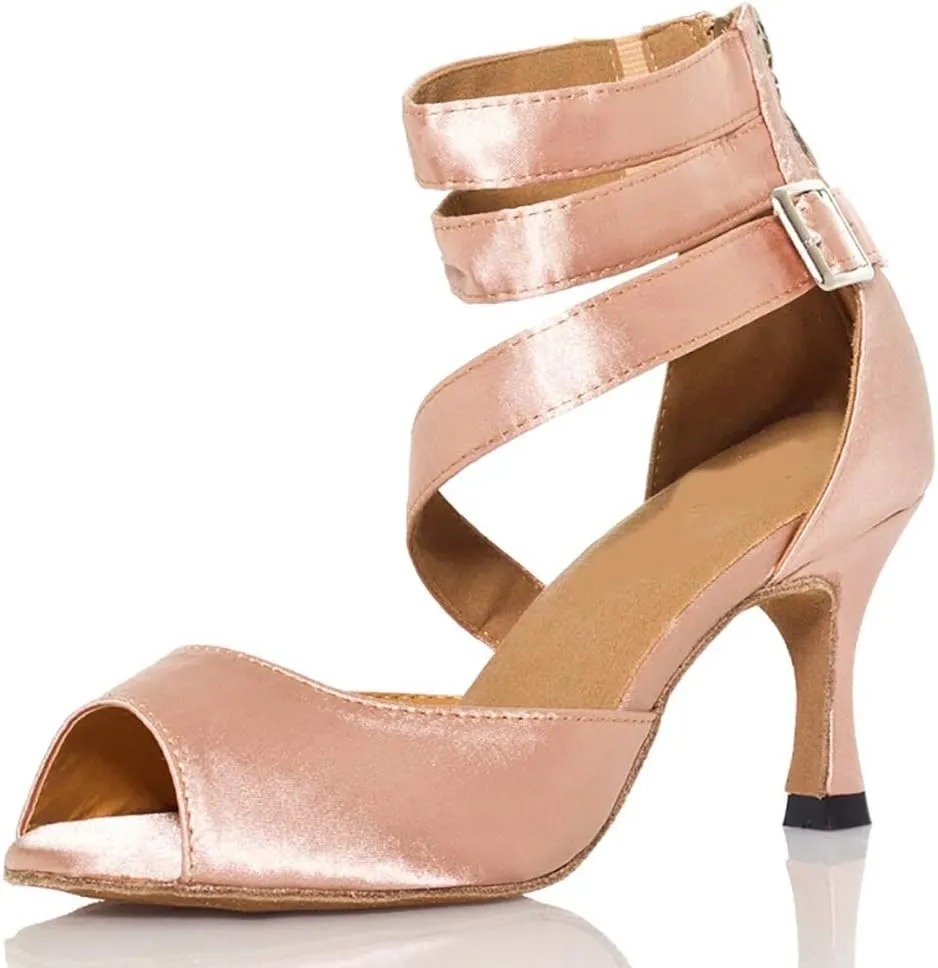 DKZSYIM Women's Satin Latin Dance Shoes Ballroom Performance Dance Shoes,Model YCL014-L025
